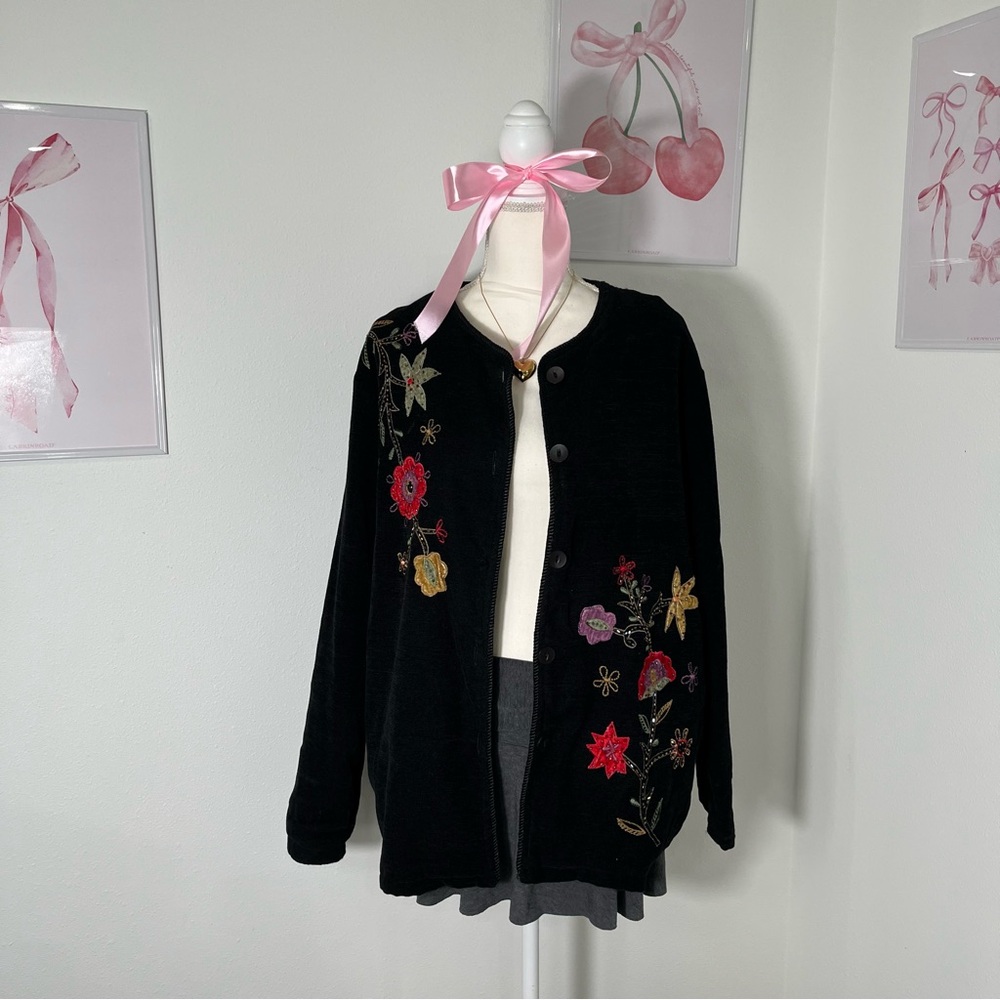 Floral Embroidered Button Long Cardigan Sweater‎ Black Indie Grunge Womens M